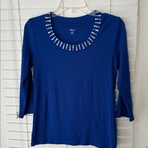 Style & Co. Top Blue SZ M 3/4 Sleeve Embellished